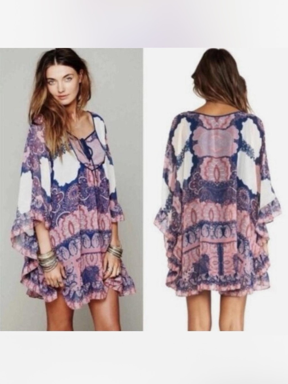Free People Maria Dreams Boho Paisley Swing Kaftan Tunic Dress in Pink & Navy S